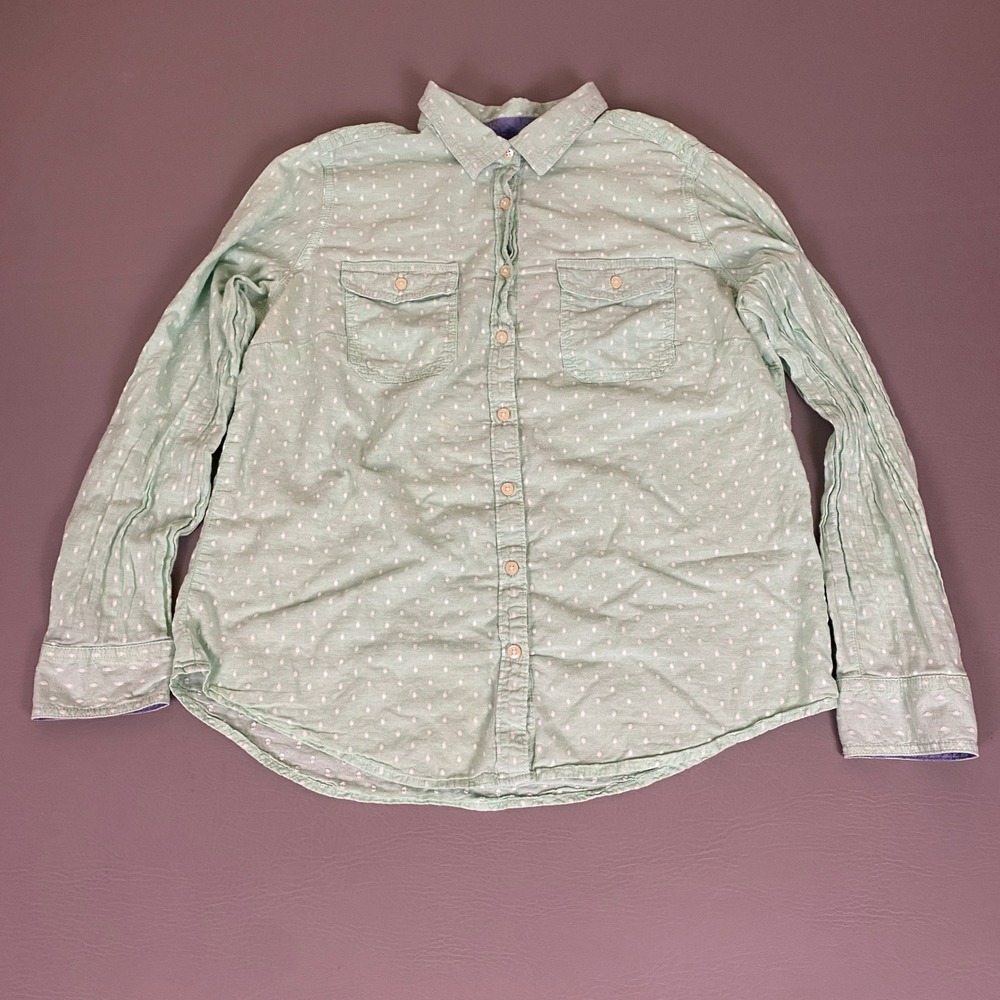 St. Johns Bay Button Down Shirt‎ Men's Large Mint Green Polka Dot Dobby Cotton